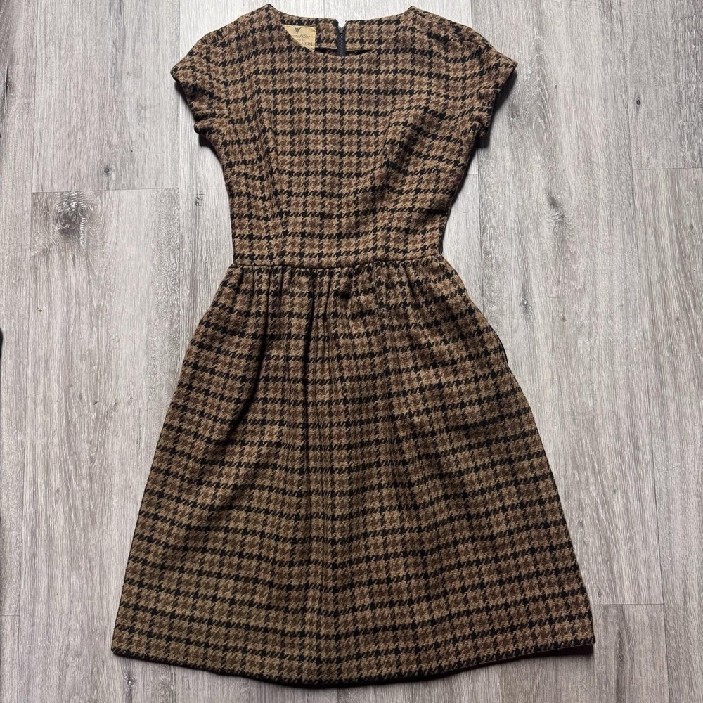 Vintage 1950s Jacques Heim For Bonwit Teller Tweed Brown Houndstooth Mini Dress